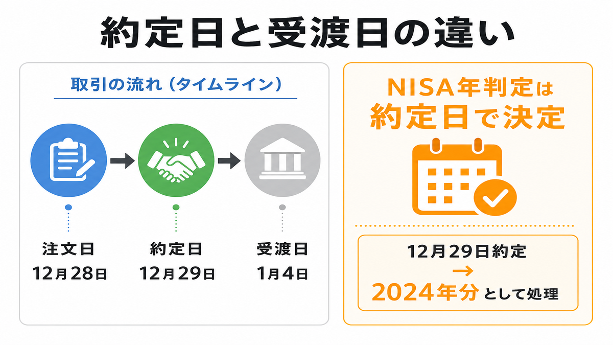約定日と受渡日の違いを示すタイムライン図解。注文日→約定日→受渡日の流れと、NISA年判定が約定日で決まることを矢印と日