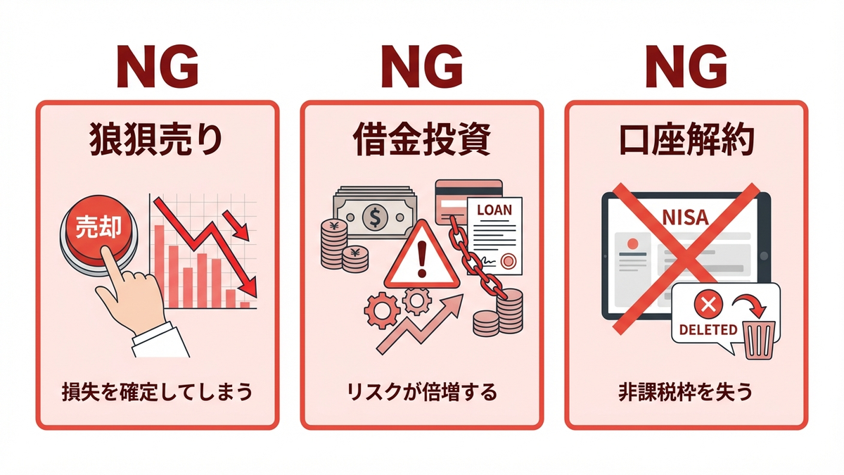 NISA暴落時のNG行動3つを図解で説明。左から狼狽売り（下落グラフと売却ボタンを押す手のイラスト）、借金投資（お金を借