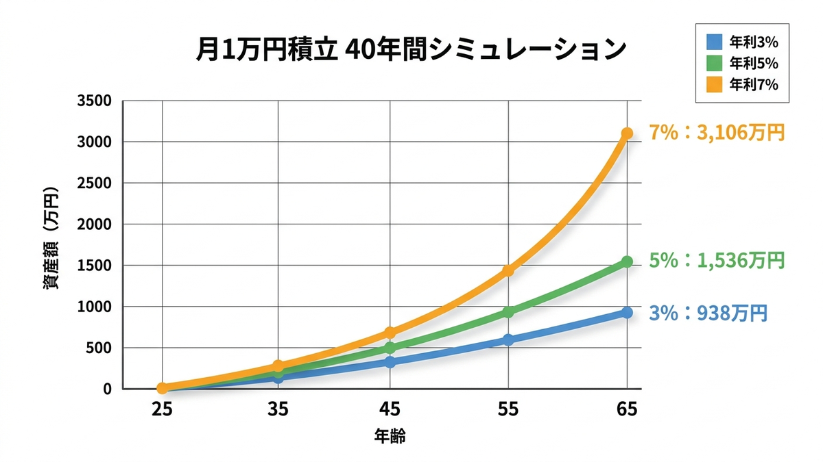 新社会人の40年間投資シミュレーション図。横軸に年数（25歳〜65歳）、縦軸に資産額を配置。月1万円積立の場合の資産推移
